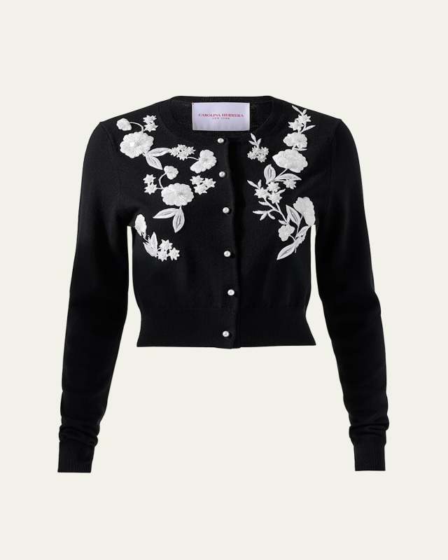 Floral Embroidered Crewneck Cardigan With Pearly Buttons
